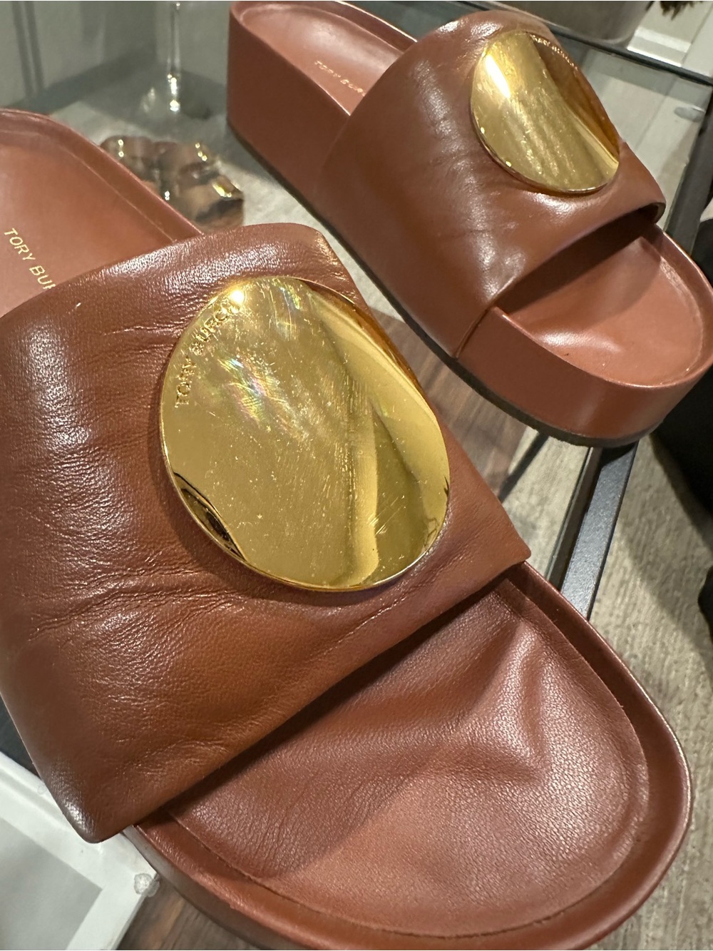 Tory Burch Brown Leather Platform Slide with Gold Medallion